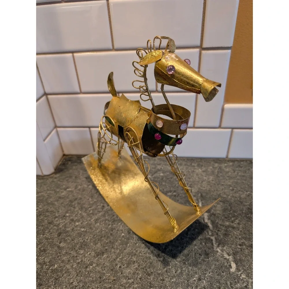 Vintage Metal Rocking Horse Figurine Decor Gold Tone Jeweled Accent